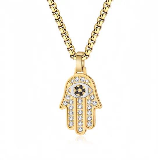 Gold Rhinestone Blue Eyed French Punk Link Chain and Pearl Main Zircon Necklace