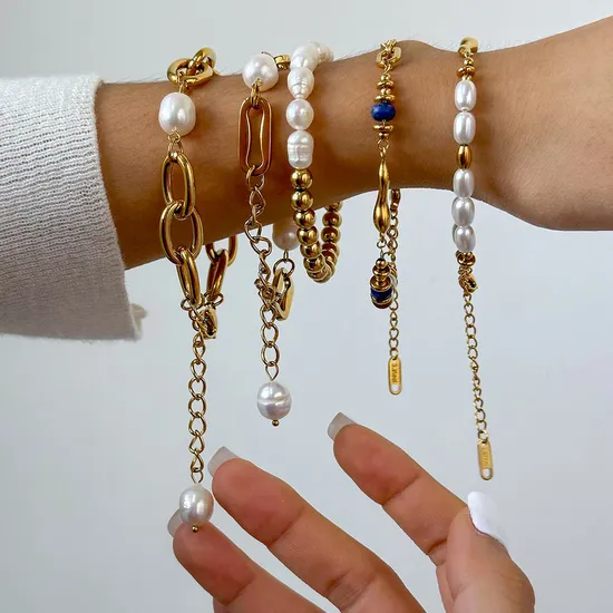 18K Gold Plated Stainless Steel Women Freshwater Pearl Beads Cuban Chain Link Fashion Jewelry Bracelet