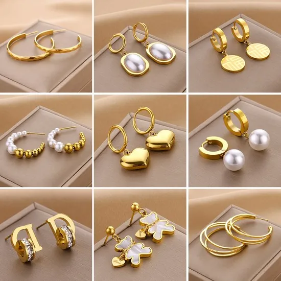 Hot Sale Pearl Beading C Shaped Earrings Non Fading 18K Gold Plated Stainless Steel Hoop Earrings for Women