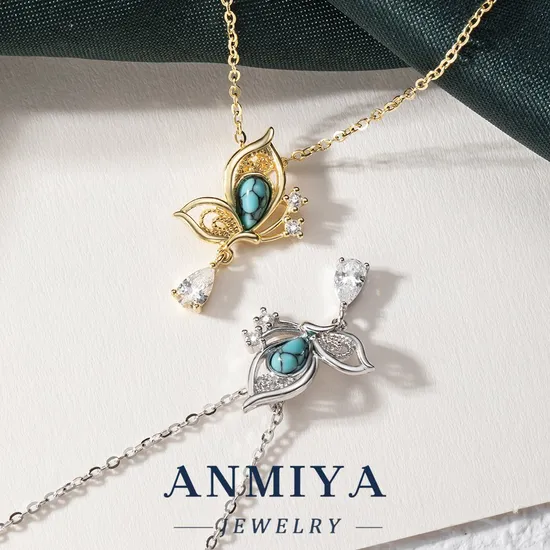 Anmiya Women′s 925 Sterling Silver Butterfly Necklace Turquoise Stone and Zirconia with Cute Link Chain for Gift