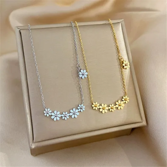 Fashion Gold Plated Titanium Steel Floral Link Chain Necklace Jewelry Stainless Steel Flower Choker Daisy Necklace for Girl 