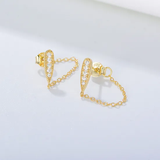 Women Jewellery Rhinestone Cubic Zircon Link Chain Drop Silver 925 Earrings 