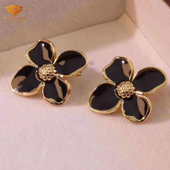 New French Retro Palace Flower Drop Glazed Four Petal Titanium Steel Earrings High