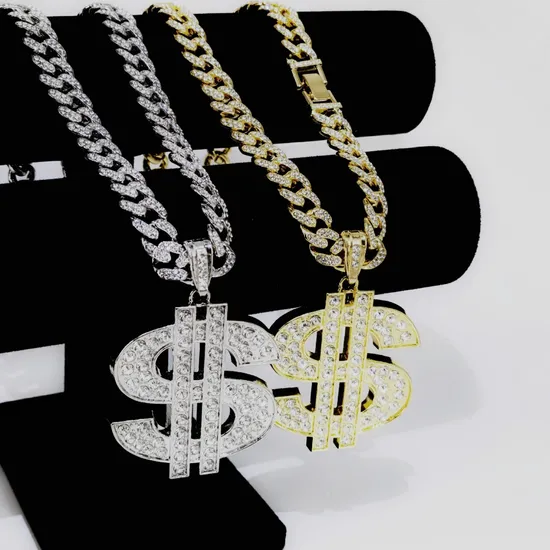 Fashion Miami Cuban Link Chain Necklace Bling Rhinestone Golden Men′s Hiphop Necklace 