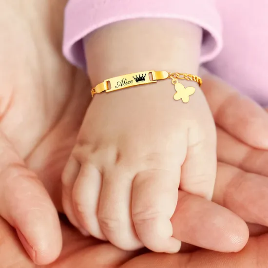 Personalized Butterfly Newborn Baby Bracelet Name Customized Figaro Chain Link 