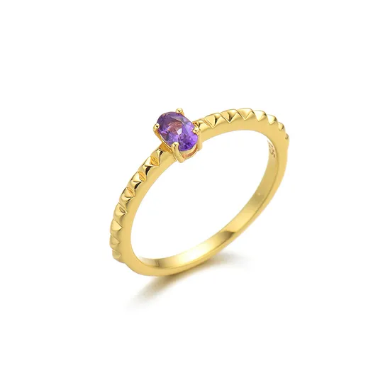 Joacii 925 Sterling Silver 18K Gold Plated Natural Stone Gemstone Cartilage Amethyst Oval Ring 