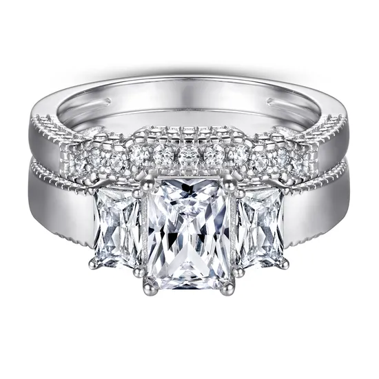 Accept Custom Silver Sterling 925 Top Quality Luxury 2PCS/Set Gemstone CZ Diamond Ring Set Wedding Party Rings for Women B2445 
