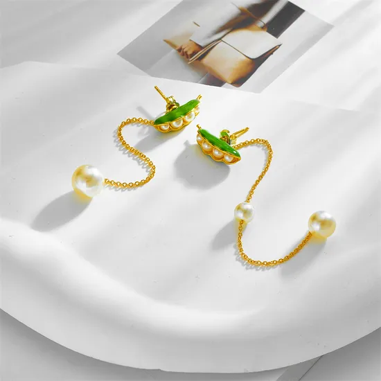 Fashion Brass Gold Plated Jewelry Asymmetric Dripping Oil Pea Pod Pearl Long Chain Tassel Drop Stud Earrings for Women 