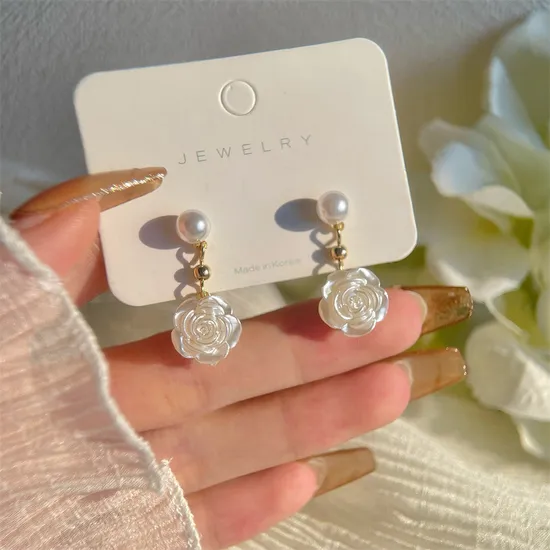 S925 Silver Camellia White Rose Pearl Drop Earrings Fashion Jewellery 