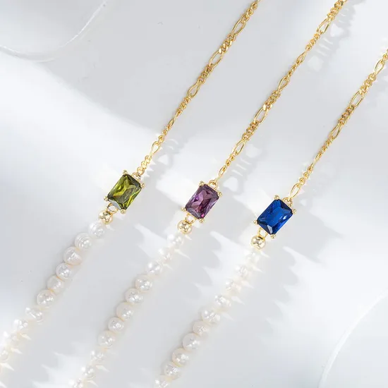 Peishang Fashion 925 Sterling Silver 14K Gold Plated Colorful Zircon Freshwater Pearl Bracelet Link Chain Diamond Bracelet 
