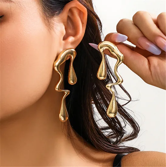 Designer Statement Irregular Liquid Metal Stud Earrings Gold Plated Party Irregular Water Drop Earrings 