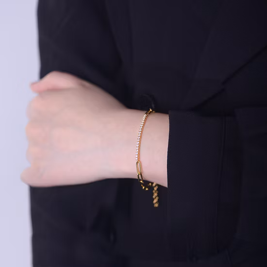 Hip Hop Minimalist Paper Clips Chain Brass 18K Gold Plated Cubic Zirconia Adjustable Chain Link Bar Bracelets